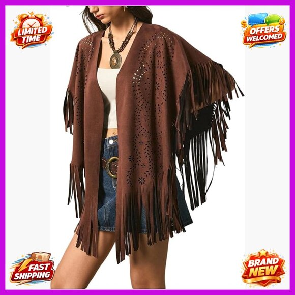 Jackets & Blazers - Faux Suede Cape Coat with Fringe Trim Half Sleeve Oversized Boho Outerwear
